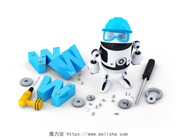 机器人与www的标志网站建设或修复的概念在白色背景上孤立